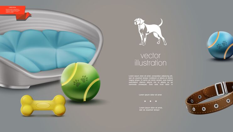 动物现实的狗配件模板与球骨皮带宠物床与枕头上的灰色衣领收藏品玩具