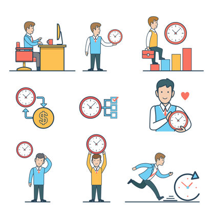 设定线性平面商务人员时间管理集工作在工作场所 测量时间表 时间就是金钱 最后期限赶时间坚持思考跑步