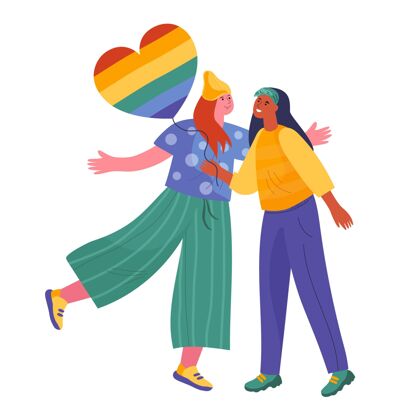 女人美丽的女同性恋夫妇与同性恋者旗帜关系浪漫插图