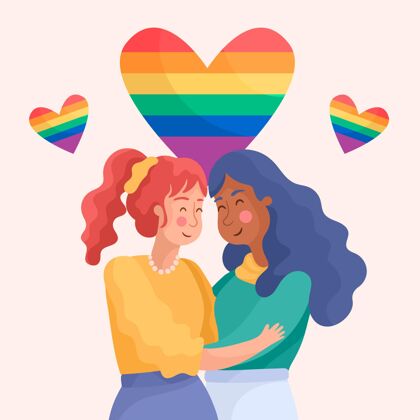 可爱可爱的女同性恋夫妇与同性恋者旗帜关系家庭女人