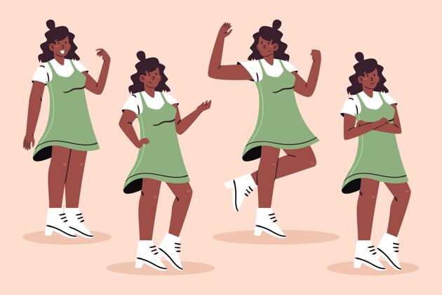 孩子有机平面不同姿势的黑色女孩包非洲裔美国人可爱插图