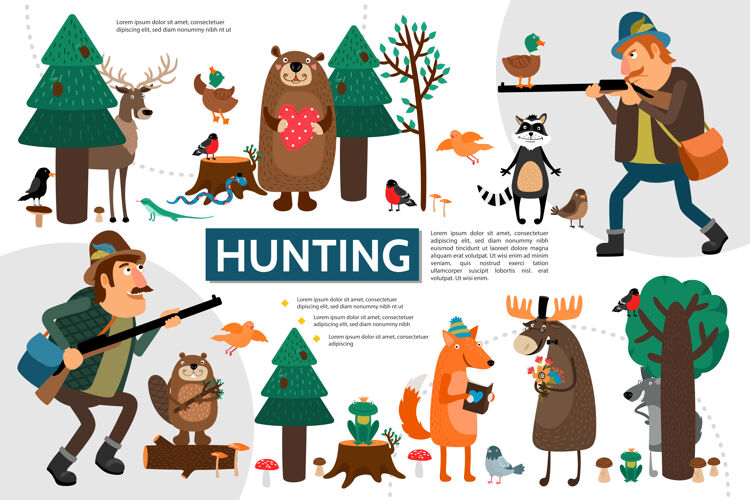 自然平面狩猎与猎人野生动物和鸟类在森林插图信息图猎人爱好青蛙