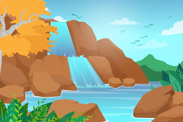 天空山峦中的瀑布 岩石和水 池塘和湖泊 云和鸟的天空 自然景观 卡通平面插画风格风景自然森林