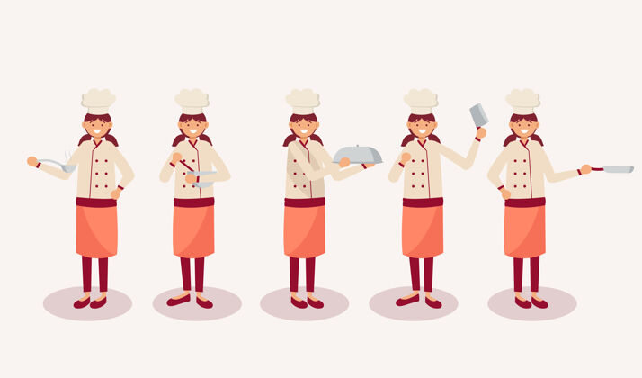 烹饪一组卡通人物中的女厨师用不同的动作 孤立的插图美食可爱厨师