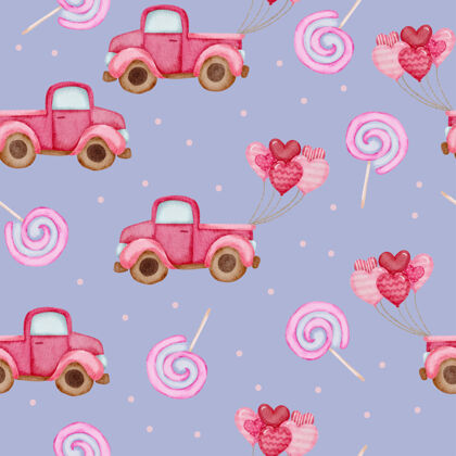字母水彩无缝图案搭配爱情对象 孤立的水彩情人节概念元素可爱浪漫的红粉心形作装饰 插画卡车抽象浪漫