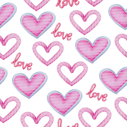 粉色水彩无缝图案搭配粉色心形和情书 情人节概念元素可爱浪漫的红色粉色心形作装饰 插画爱情爱情感情