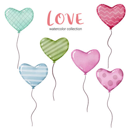 浪漫水彩贺卡以飞扬的气球为心形和不同的质地 情人节概念元素可爱浪漫的红粉心形为装饰 插画设置邀请画