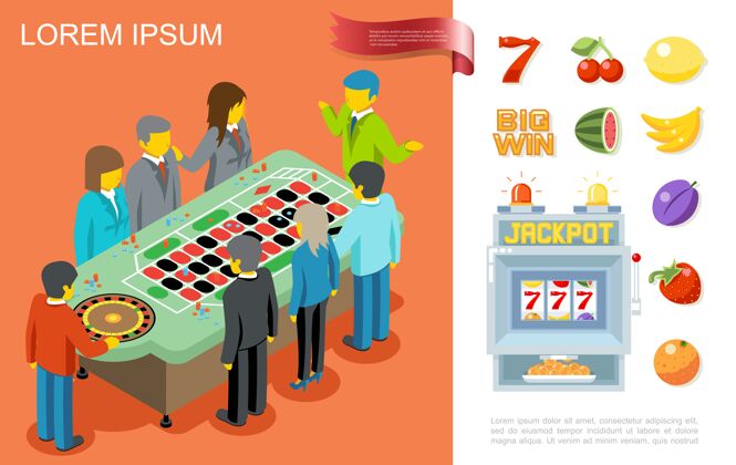 老虎机平面赌博丰富多彩的概念与人们玩轮盘赌在赌场7号和水果符号的老虎机概念人轮盘赌