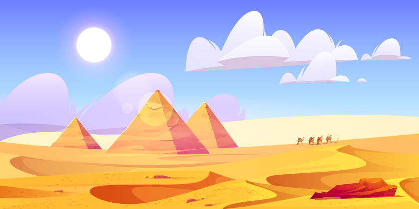 唤醒埃及沙漠景观与金字塔和骆驼商队骆驼非洲沙
