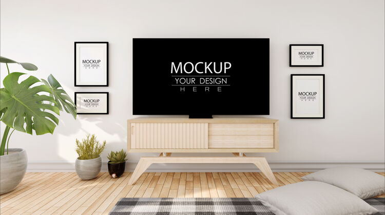 当代客厅里的电视模型屏幕现代三维渲染