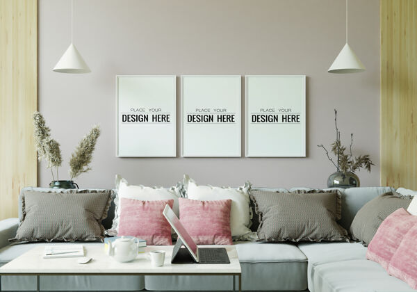 现代室内客厅模型中的海报框架装饰家具客厅