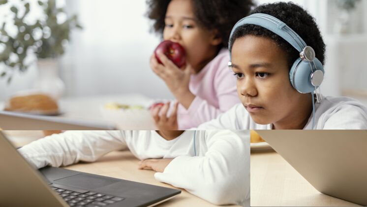 水果兄弟姐妹听音乐和使用笔记本电脑女孩苹果孩子