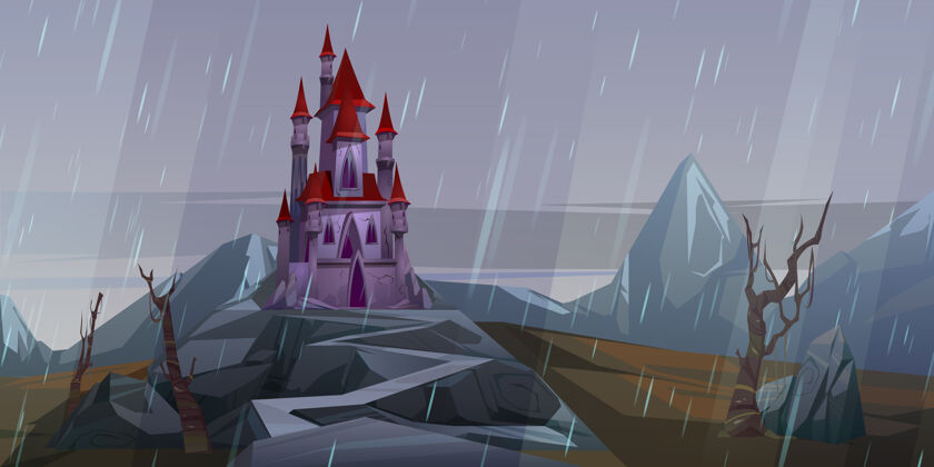 恐怖下雨天岩石上的城堡古董卡通童话