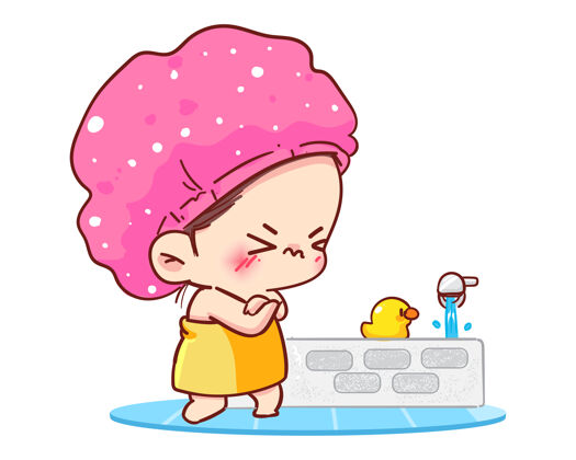皮肤小女孩在浴室用冷水洗澡时感到震惊卡通插画女人冷女士