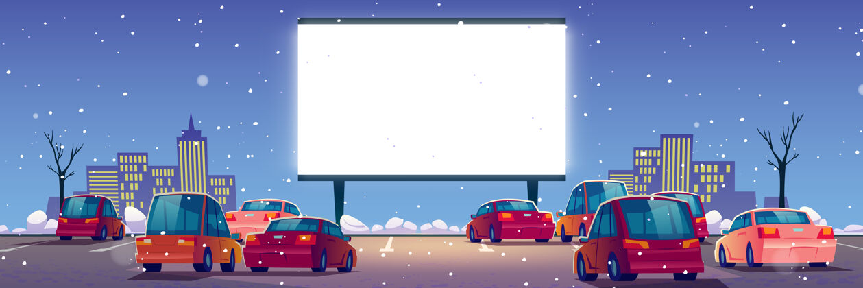 场景室外电影院 冬季露天停车场有汽车的免下车电影院电影院屏幕驾驶