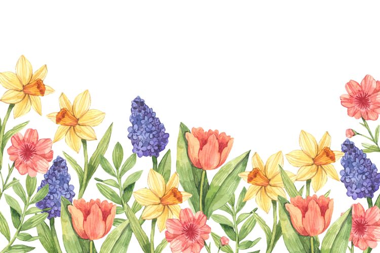 季节水彩春天背景与鲜花背景植物墙纸