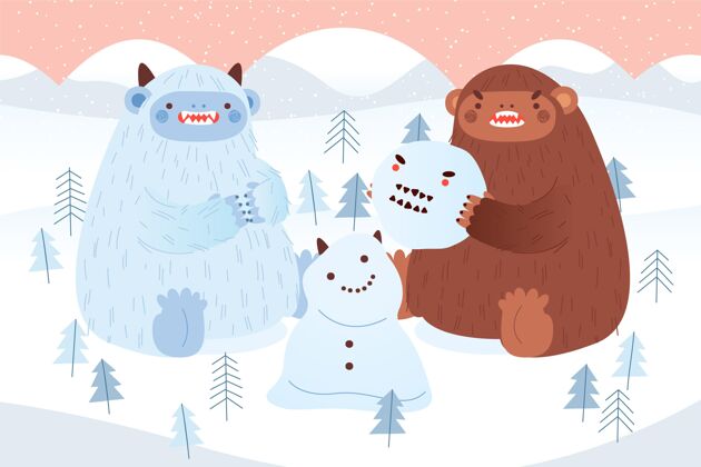 灵长类动物手绘大脚野人和雪人恶劣的雪人插图毛皮雪人人物