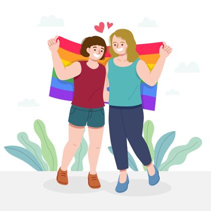 公寓女同性恋夫妇与lgbt旗插图爱可爱女人