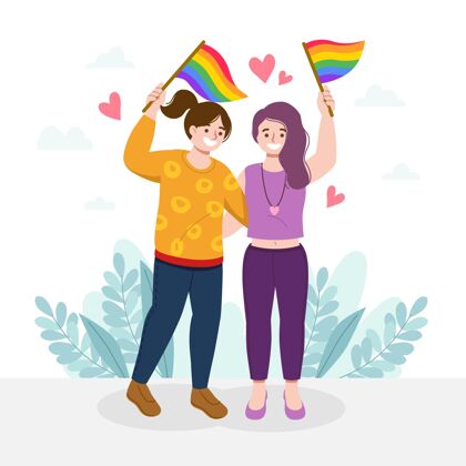 可爱女同性恋夫妇与lgbt旗插图家庭同性恋插画