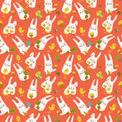 胡萝卜五颜六色的快乐复活节无缝模式与可爱的兔子举行胡萝卜鸡鸡蛋和鲜花庆祝瓷砖鸡蛋