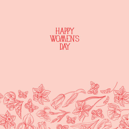 国际妇女节快乐贺卡 红色文字右侧有许多鲜花和问候语矢量插图概念优雅女人