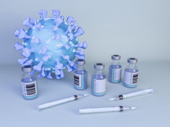暴发冠状病毒细胞与covid-19疫苗和注射器的三维插图病毒流行病学疾病