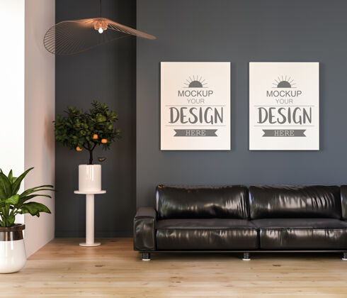 现代室内客厅模型中的海报框架最小3d墙公寓