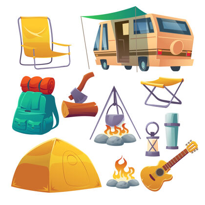 露营夏令营帐篷 篝火 背包和面包车火徒步旅行椅子