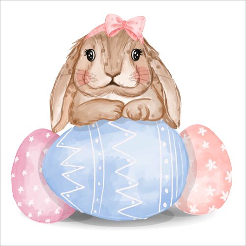 庆祝粉色和蓝色蛋的水彩画兔子蛋问候美丽