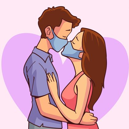 流行手绘情侣亲吻与covid面具插图冠状病毒情感手绘