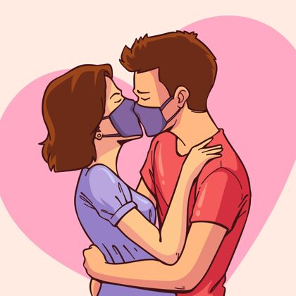 冠状病毒手绘情侣亲吻与covid面具插图二配对情感