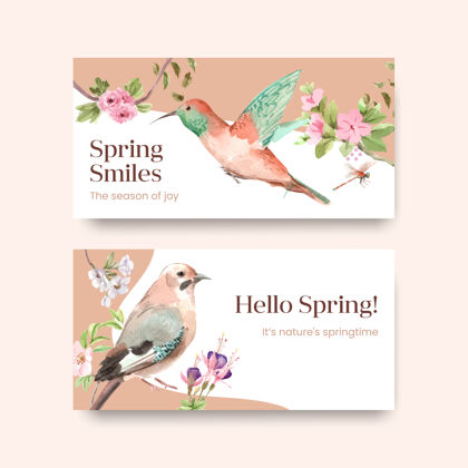绘画为社会媒体和社区水彩插画与春天和鸟的概念设计模板分支春天模板
