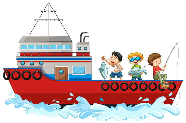 度假孩子们在白色背景下从船上钓鱼自然男孩运输