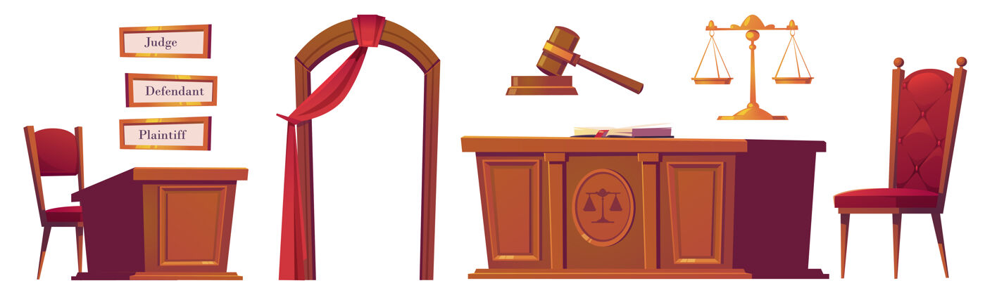 司法审判室的物品 木槌 桌子和椅子 拱门和红色窗帘 以及法官用的盘子桌子律师法律