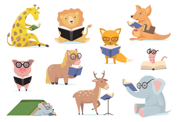 小组聪明的动物戴着眼镜看书教育眼镜讲故事