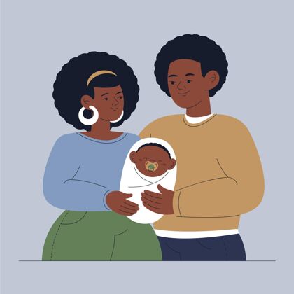 黑人带宝宝的平面手绘黑色家庭插画黑人男子非裔美国人夫妇