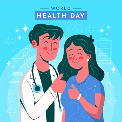 健康手绘世界卫生日插图 医生和病人竖起大拇指患者健康医疗