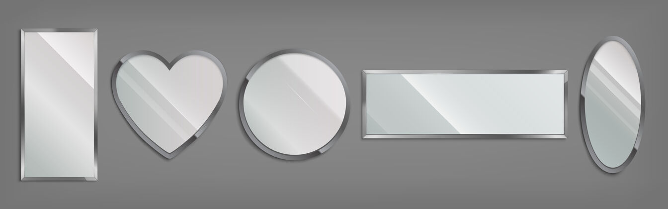 形状圆形 心形 椭圆形和矩形的金属框架镜子 隔离在灰色背景上一组带有镀铬边框的光滑玻璃镜子浴室的现代装饰边缘圆形有光泽