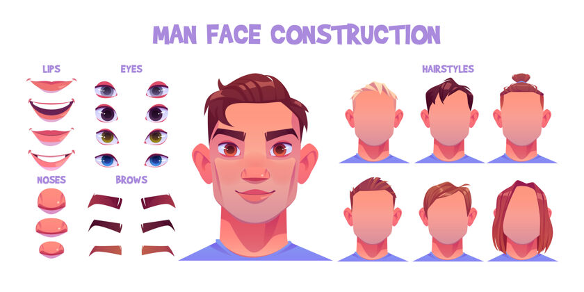 创建男人脸构造器 白人男性角色的化身创造头部 发型 鼻子 眼睛眉毛和嘴唇眉毛形状皮肤