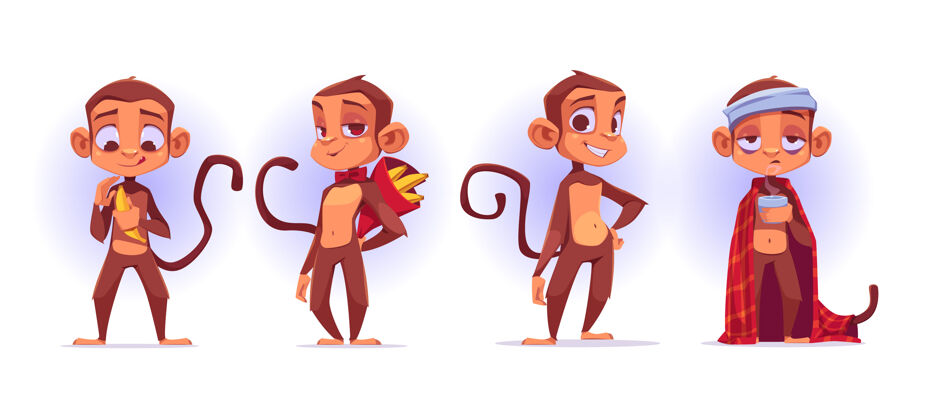 热猴子卡通人物 可爱的猿猴吉祥物剥皮和赠送香蕉流感香蕉卡通