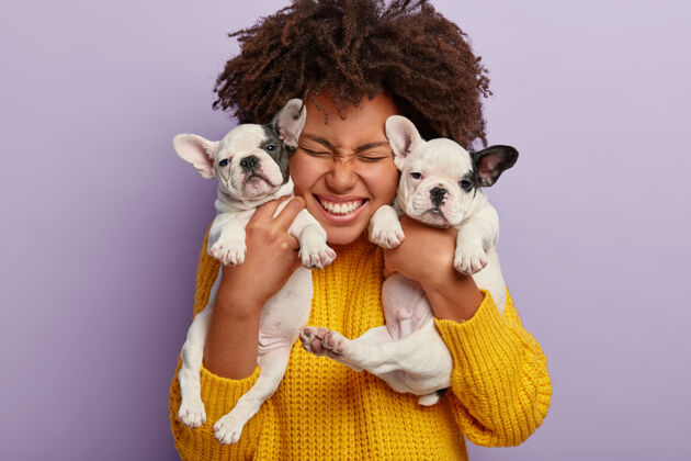 乐趣特写镜头：非洲头发的快乐女人抱着两只小狗 和忠实的动物朋友们共度闲暇时光 快乐地拥有新生的法国斗牛犬非洲跳伞朋友