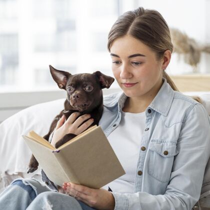青少年中枪女孩和狗一起读书可爱内狗
