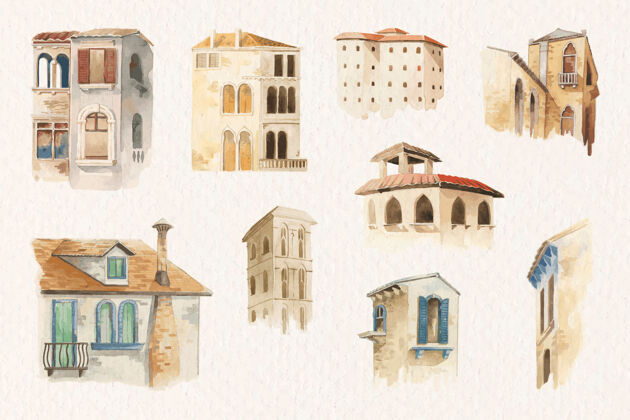 塔水彩画风格的古老欧洲建筑收藏文化外观历史