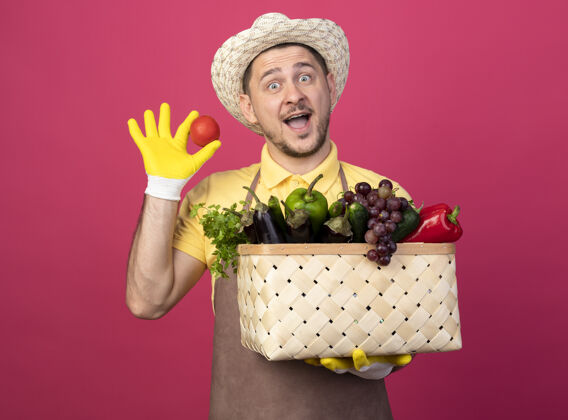 看年轻的园丁穿着连体衣 戴着帽子 戴着工作手套 手里拿着装满蔬菜的箱子 展示着新鲜的西红柿 微笑着站在粉色的墙上 开心而积极地看着前方微笑花园制服
