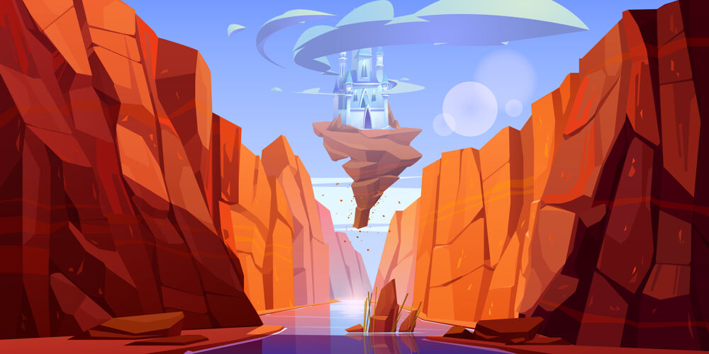 豪宅神奇的蓝色岩石城堡在峡谷里飞过河流风景皇室幻想