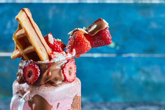 甜味草莓奶昔 带有小华夫饼 巧克力和深蓝色表面的草莓片华夫饼冰沙奶昔