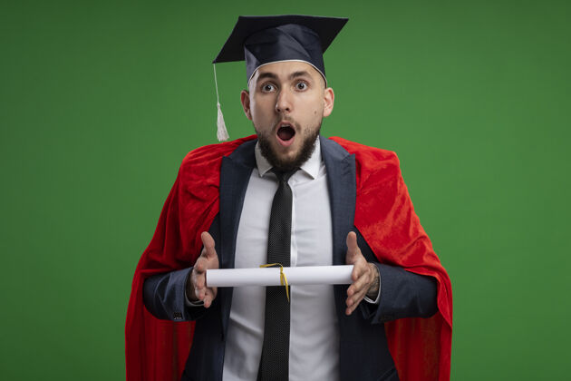 惊人毕业的红衣人拿着毕业证书惊诧地站在绿色的墙上证书看斗篷