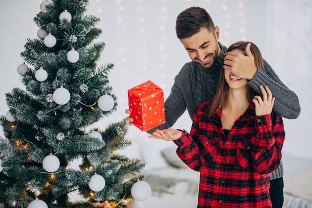 浪漫年轻夫妇一起在家里的圣诞树旁波基圣诞装饰浪漫