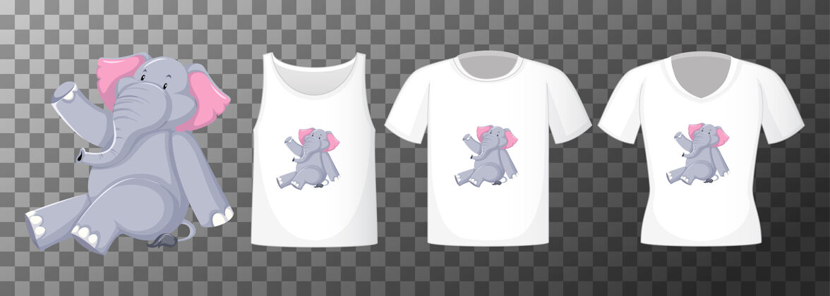 大象一套不同的衬衫与大象卡通人物隔离多彩动物T恤