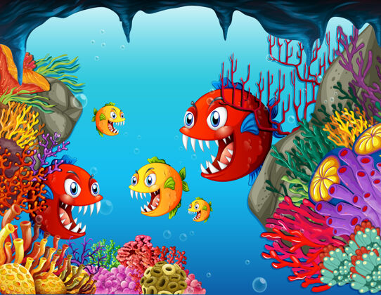 植物许多异国情调的鱼卡通人物在水下的背景可爱可爱水族馆